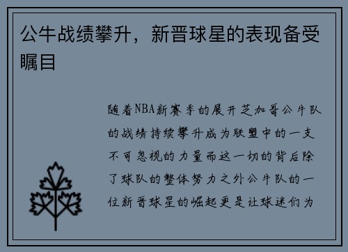 公牛战绩攀升，新晋球星的表现备受瞩目