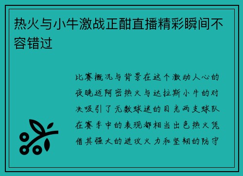 热火与小牛激战正酣直播精彩瞬间不容错过